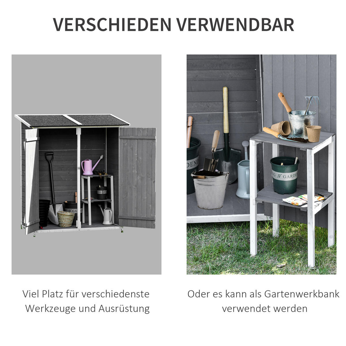 ZAHRADNÍ SKŘÍŇ, kůlna na nářadí se 2 dveřmi, protiskluzový design, smrkové dřevo, šedá+bílá - různobarevná, dřevo (75/160/139cm) - Outsunny
