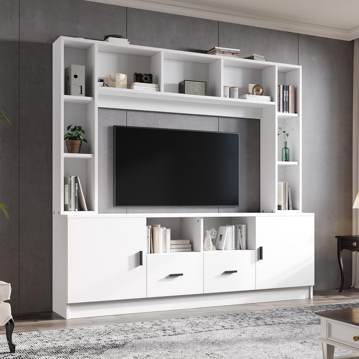 TV WOHNWAND SET 180cm Vitrine 2 Schränke 11 Fächer Weiß modern - Weiß, Holzwerkstoff (35/170/180cm) - FLIEKS