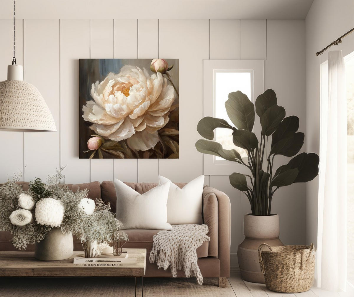 WANDBILD pfingstrose gemalte blume - Beige, Textil (40/40cm) - Feeby