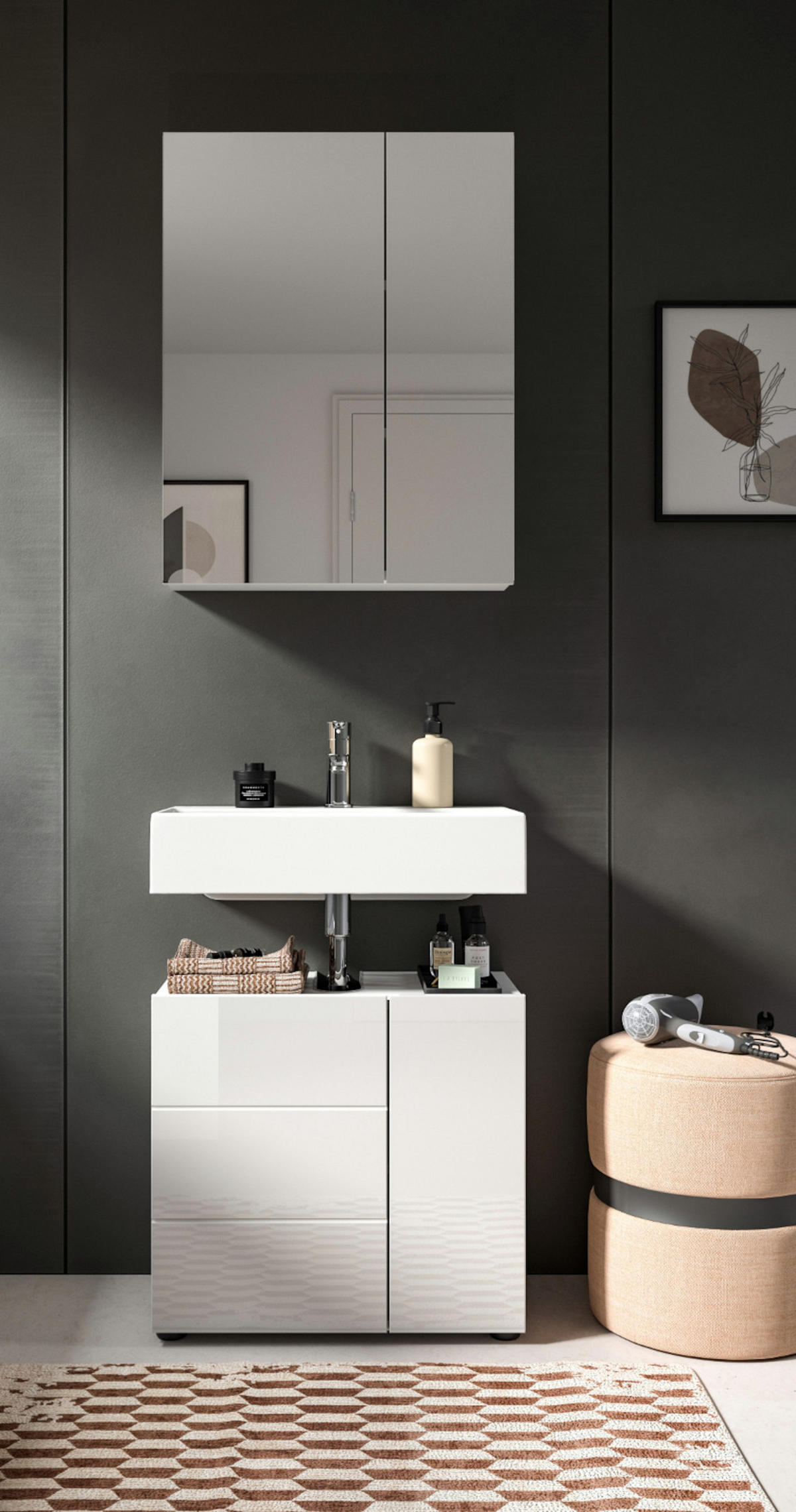 BADMÖBEL-SET 2-teilig weiß Hochglanz, Badkombination 60 x 190 cm - Weiß Hochglanz, Glas/Holzwerkstoff (60/190/34cm) - Inn.Furn