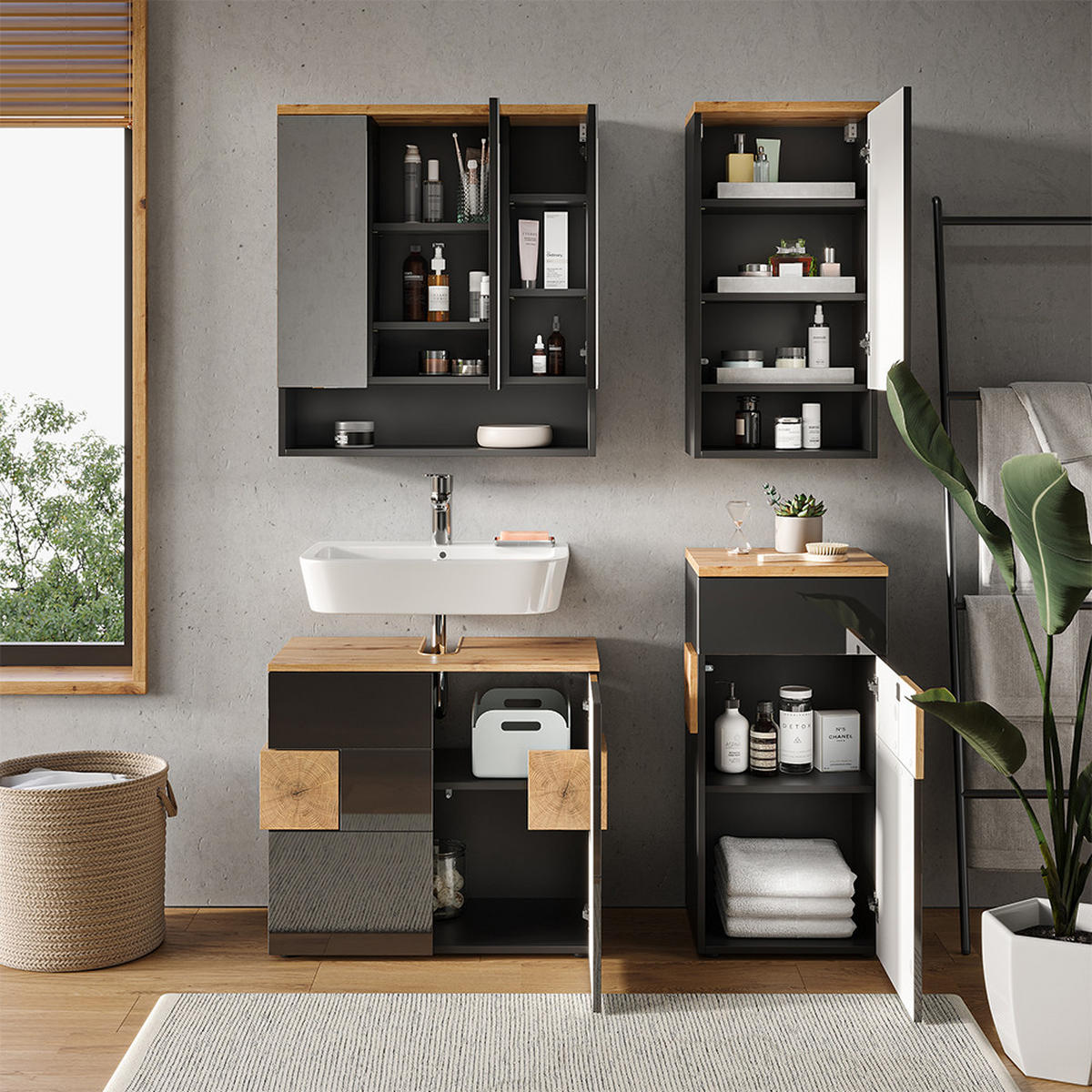 BADMÖBEL-SET Eden Anthrazit 4 Teile - Anthrazit/Eiche Artisan, Holzwerkstoff (73/64/37cm) - Vicco