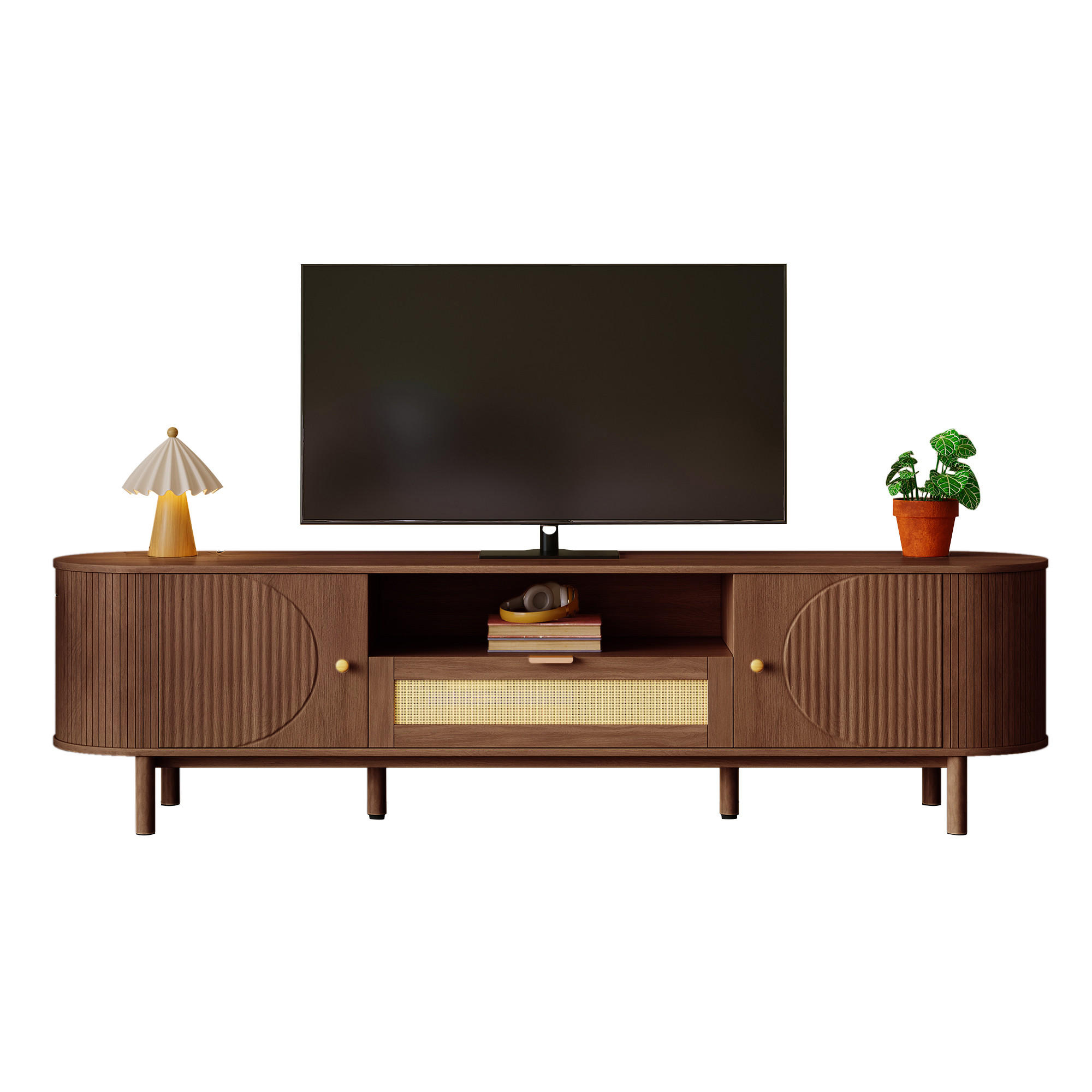 TV-SCHRANK Rattan Schubladen Offene Fächer Metallbeine Holzoptik - Walnussfarben, Holzwerkstoff (36/51/175cm) - FLIEKS