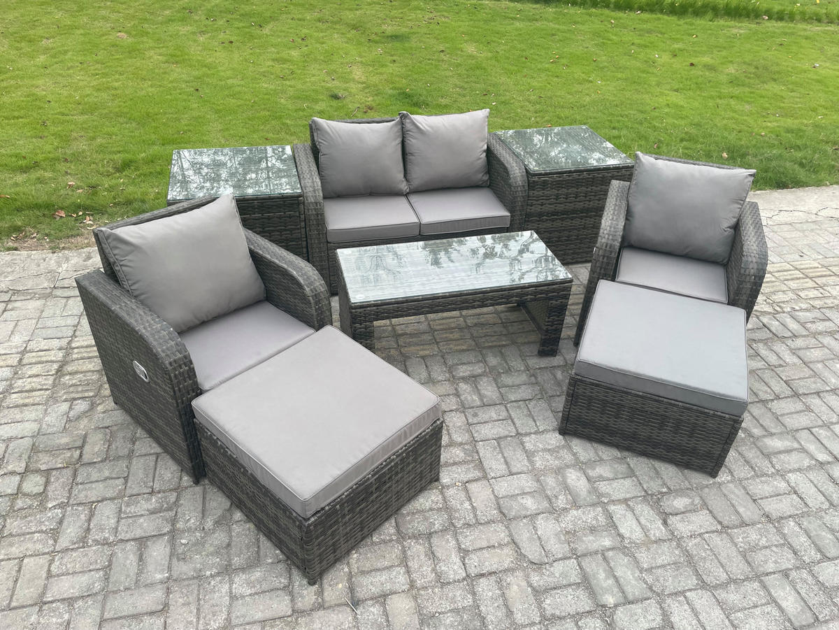 GARTENSOFA SET mit COUCHTISCH Polyrattan 5-Sitzer - Dunkelgrau/Grau, Glas/Kunststoff - Fimous