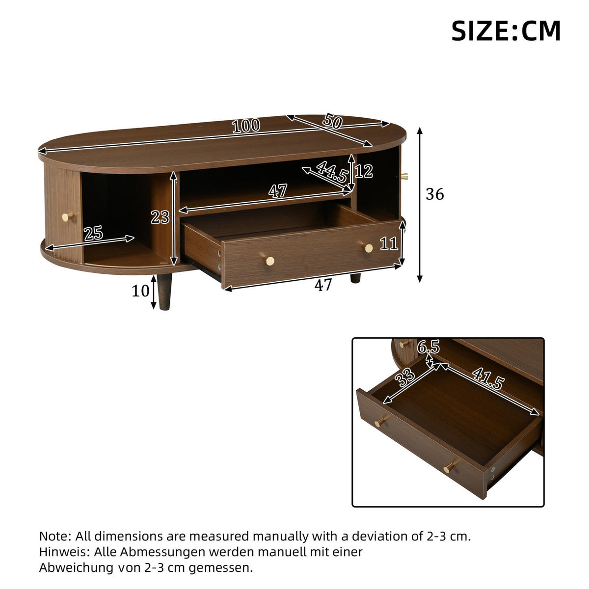 COUCHTISCH 100/50/36 cm mit Schublade, offener Ablage und Rolltür aus MDF, Walnuss - Nussbaumfarben, Holzwerkstoff (100/50/36cm) - Redom