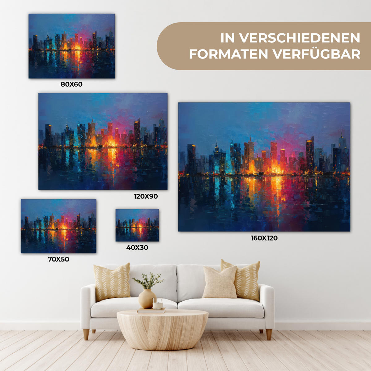 LEINWANDBILD Skyline - Pinselstriche - Dunkelblau - Leuchtend Wandbilder 80x60 cm - Blau, Textil (80/60cm) - MuchoWow
