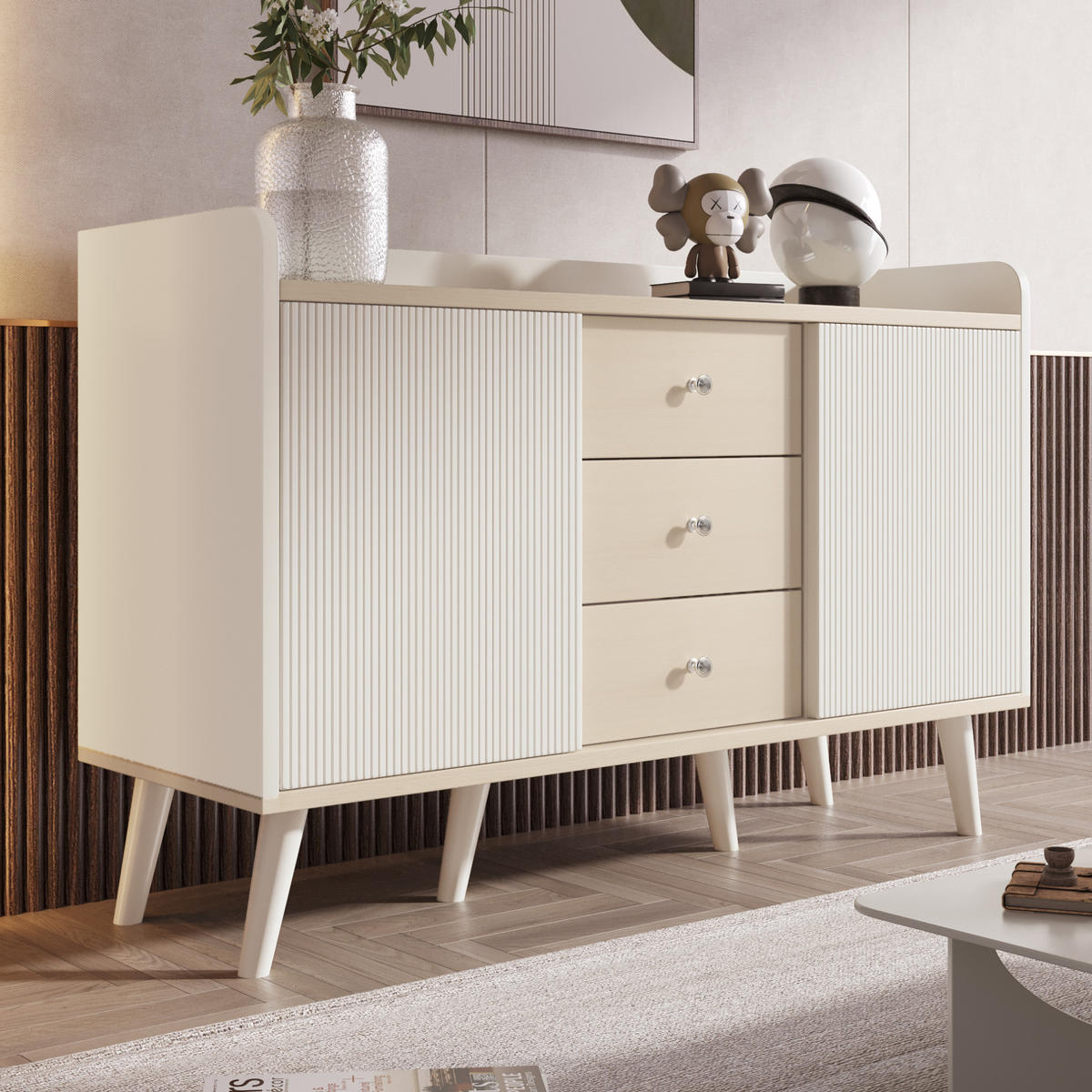 SIDEBOARD mit 2 gestreiften Schiebetüren und 3 Schubladen, MDF mit Massivholzbeinen, 117,5/39,5/79 cm, Weiß und Holzoptik - Weiß, Holzwerkstoff (39.5/117.5/79cm) - Redom