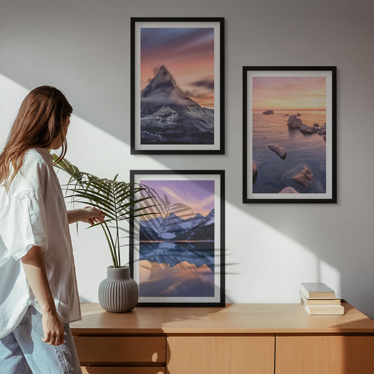 BILDER SET 3er Set - 40x60 cm Schwarzer Rahmen - Berglandschaft, See, Westen - Schwarz, Kunststoff (40/60cm) - TULUP