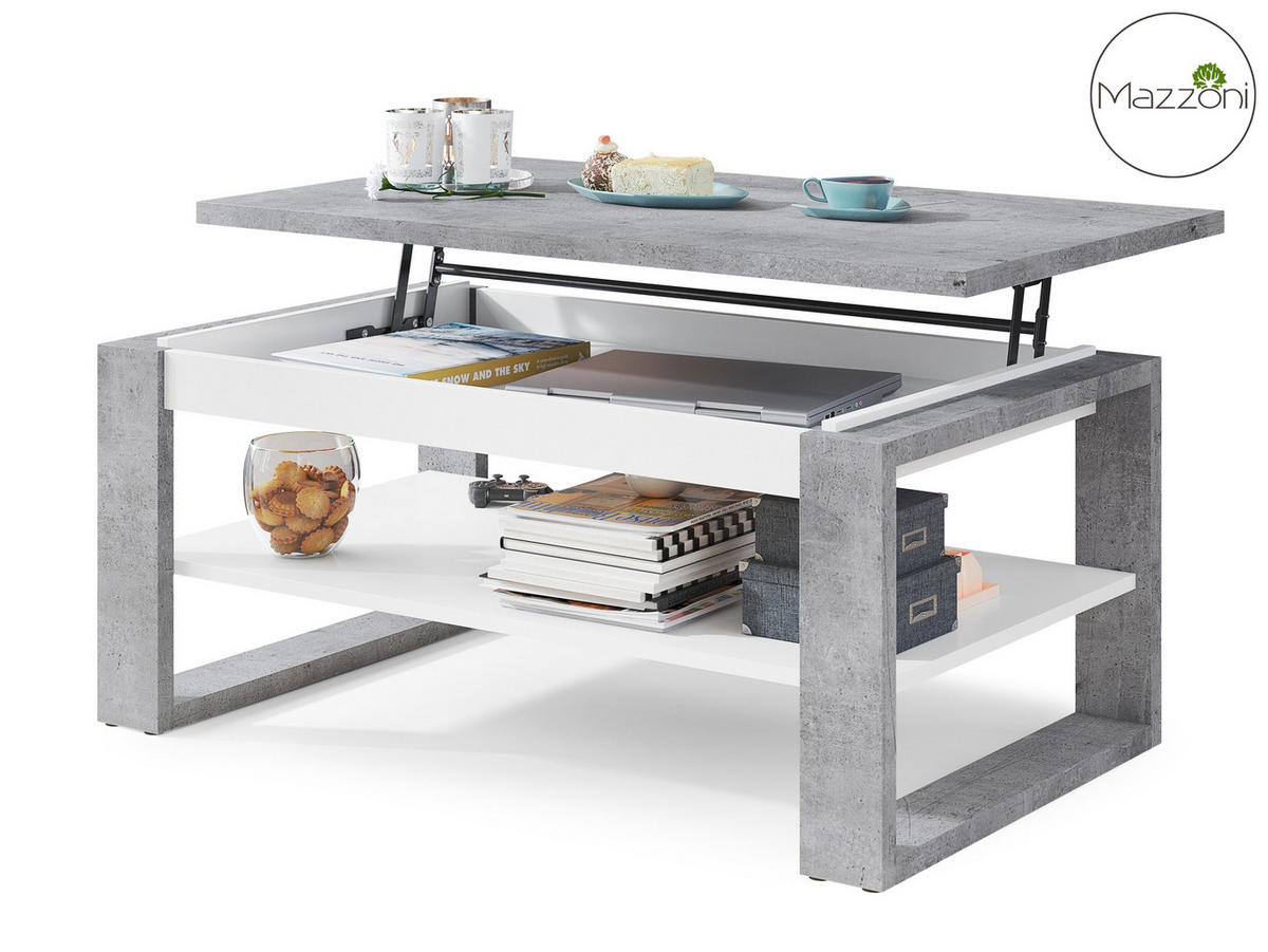 COUCHTISCH rechteckig Beton Weiß aufklappbar 110/65/50 cm - Hellgrau, Holzwerkstoff (65/110/50cm) - designimpex