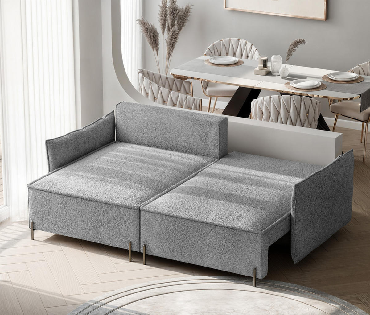 ECKSOFA MARCO Rechts, mit Schlaffunktion und Bettkasten, Hellgrau - Hellgrau, Textil/Metall (221/148cm) - Idohome