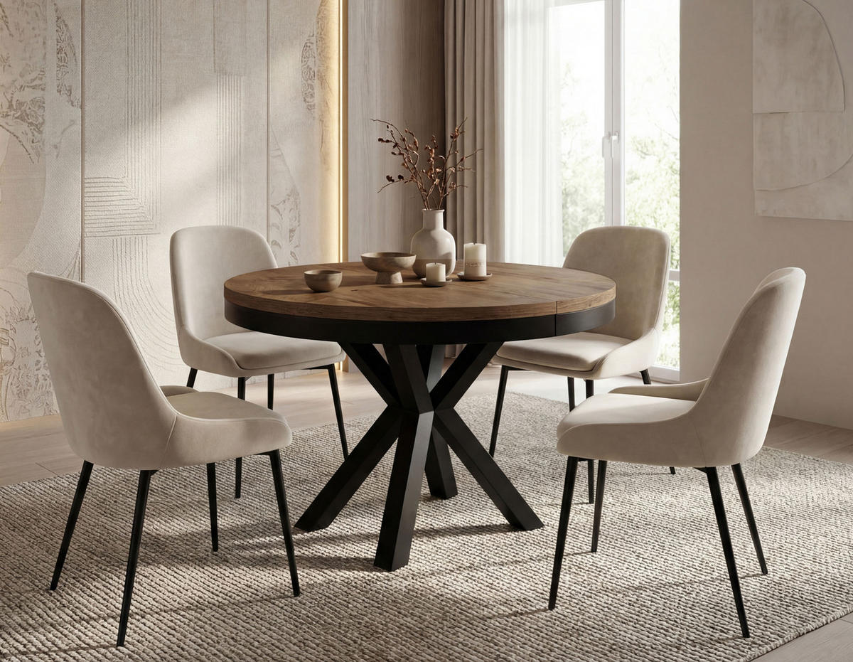 ESSTISCH Clara runder ausziehbarer, Lefkas Eiche 100-180/100/76 cm - Alteiche/Schwarz, Holzwerkstoff/Metall (100/100/76cm) - WFL GROUP