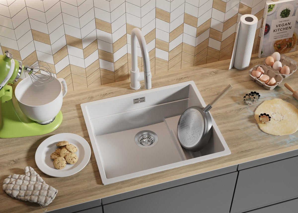 SPÜLBECKEN Praga Slim, 2-er set Weiß 56/47 cm 1 Becken + Ablauf-Set + Aufrollbare Abtropffläche ab 60er Unterschrank - Chromfarben/Weiß, Kunststoff (56/20/47cm) - Primagran