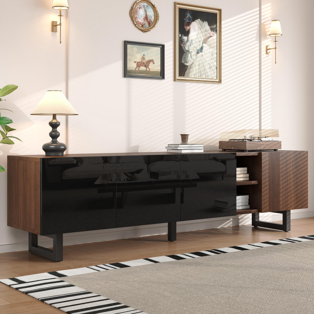 TV-SCHRANK 180x38x50 4 Türen Vintage Holzmaserung Design - Schwarz, Holzwerkstoff (38/50/180cm) - FLIEKS