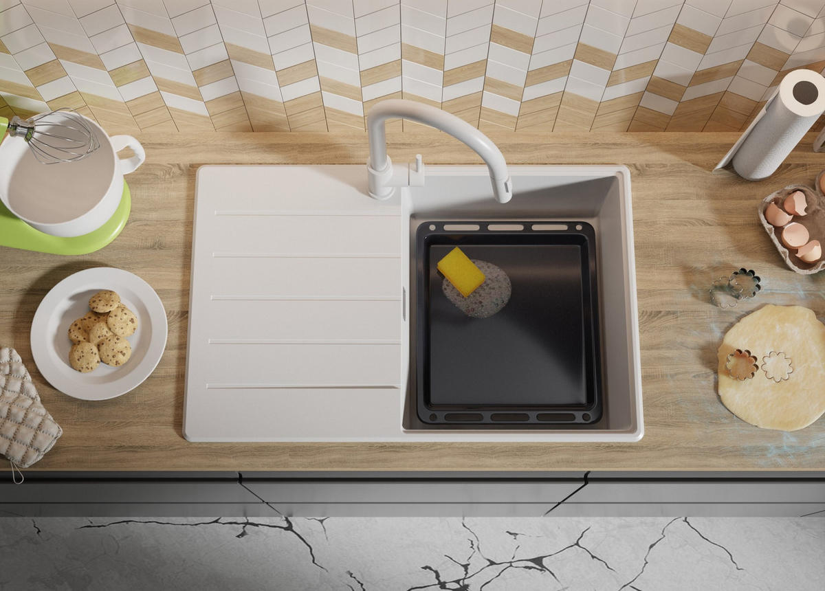 GRANITSPÜLE Kopenhagen, 2-er set Weiß 78/50 cm 1 Becken + Küchenarmatur 40/20 cm + Ablauf-Set + Schneidebrett ab 50er Unterschrank - Chromfarben/Beige, Kunststoff (78/20/50cm) - Primagran