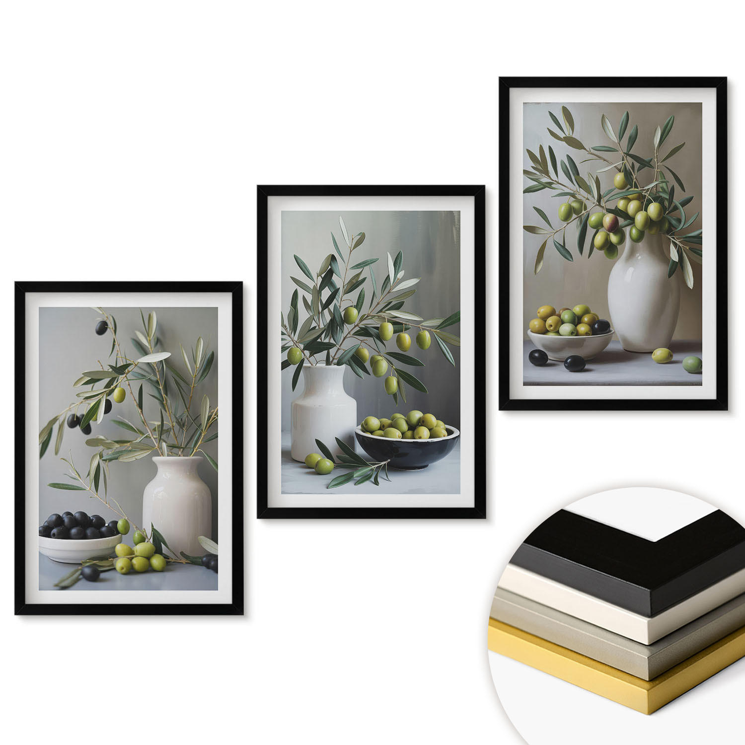 WANDBILDER 3er-Set - 40x60 cm Schwarzer Rahmen - Oliven in grauen Vasen - Schwarz, Kunststoff (40/60cm) - ArtPrintCave
