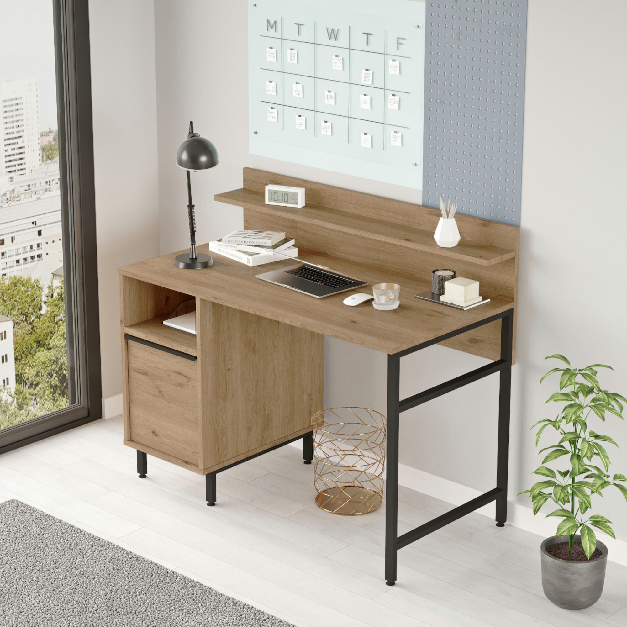 BÜROTISCH Fajaarire - Eichefarben/Schwarz, Holzwerkstoff/Metall (120/60/100cm) - [en.casa]