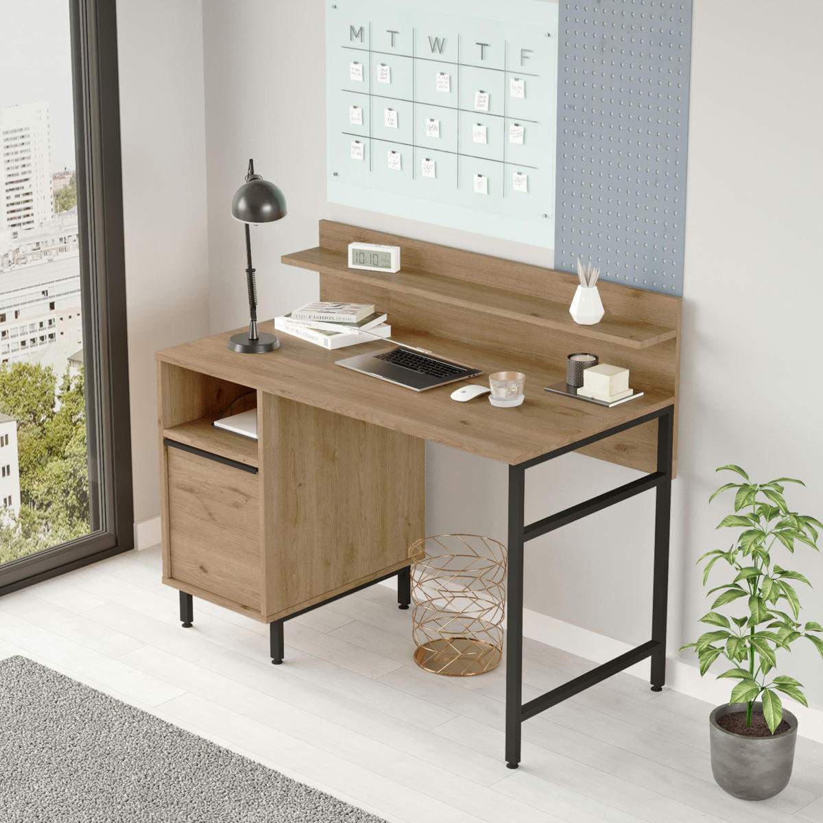 BÜROTISCH Fajaarire - Eichefarben/Schwarz, Holzwerkstoff/Metall (120/60/100cm) - [en.casa]