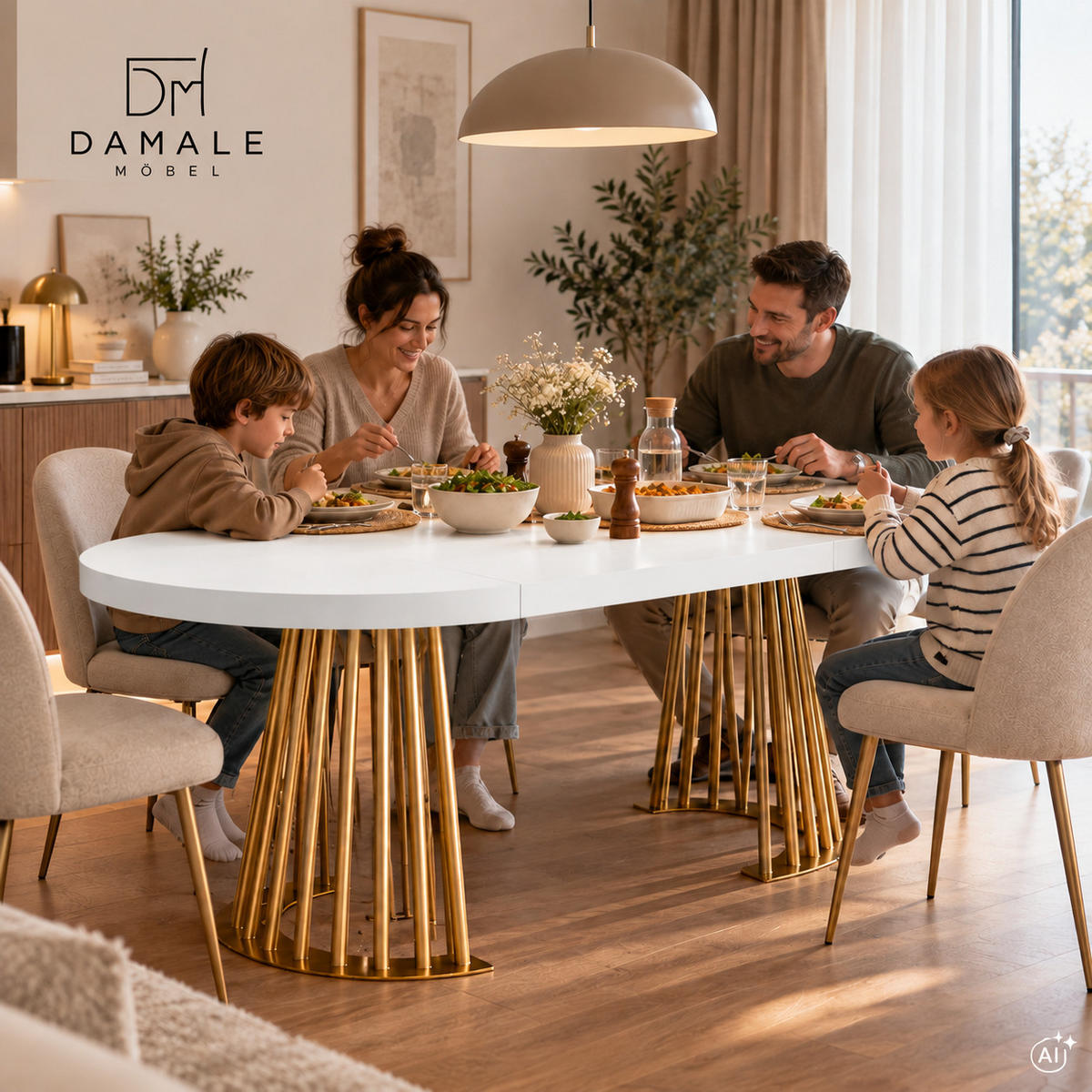 ESSTISCH rund ausziehbar 110/310/76 cm, Weiß, 54 cm Tischplatte + Lamellen-Metallgestell Gold - Goldfarben/Weiß, Holzwerkstoff/Metall (110/310/76cm) - Damale Möbel