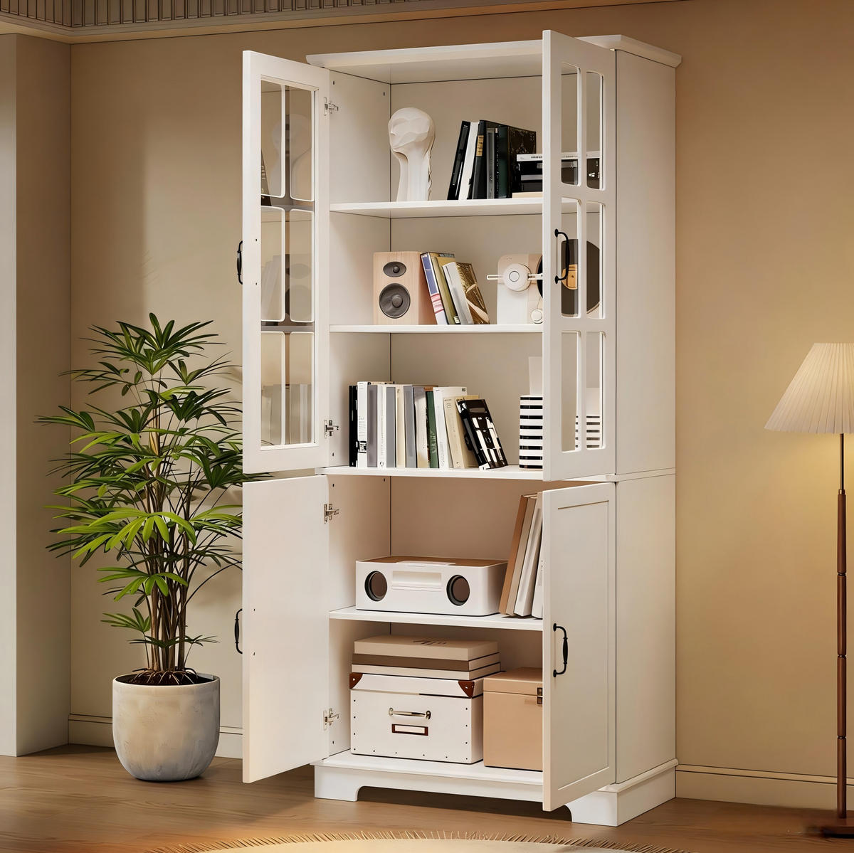 VITRINENSCHRANK 80 x 38 x 180 cm Weiß mit 4 Türen Landhausstil - Weiß, Holzwerkstoff (38/180/80cm) - Beauniv
