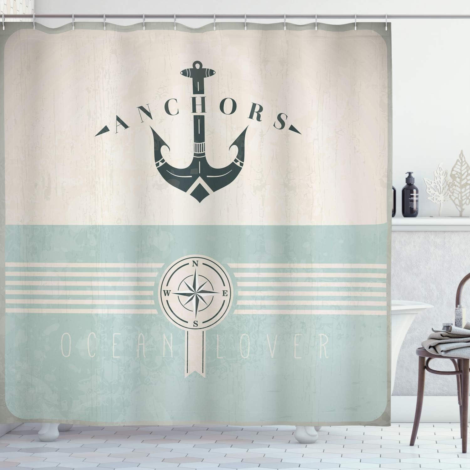 DUSCHVORHANG nautisch Anker Marineblau Vintage Stoff Set Dekor Badezimmer mit Haken Meer Schwarz Beige - Blau, Textil (180/200cm) - MCBOSON