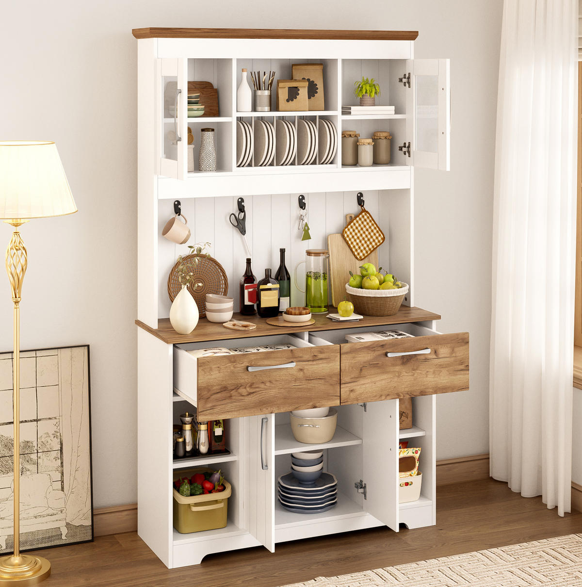 BUFFETSCHRANK 106/39/176,5 cm mit Vitrinenfächern, 2 Schubladen, Hakenleiste und Spanplatte, Weiß/Natur - Naturfarben, Holzwerkstoff (106/176.5/39cm) - Redom
