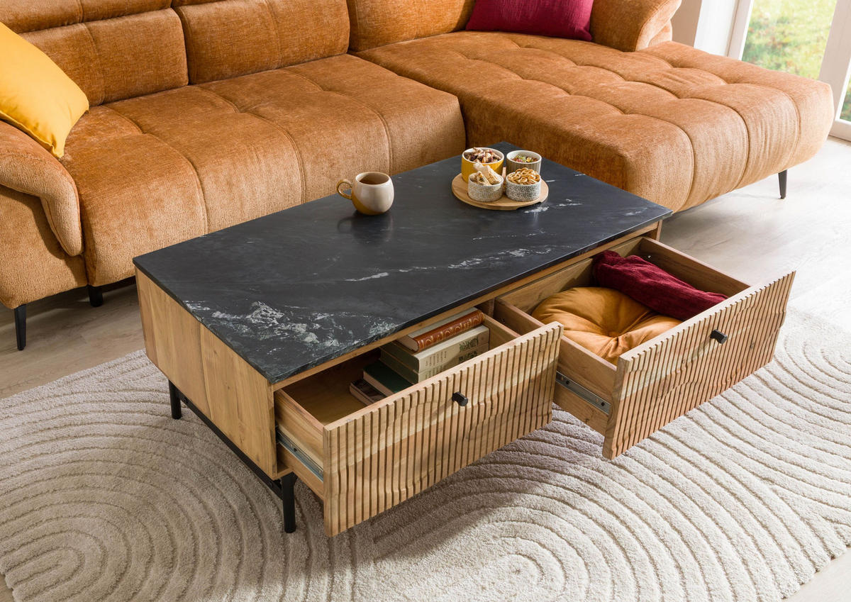 COUCHTISCH Akazie 120x60x45 natur lackiert / Marmor schwarz LONDON #120 - Braun, Holzwerkstoff (120/60/45cm) - Massivmoebel24