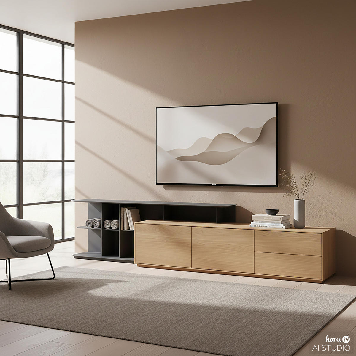 TV-LOWBOARD - Eiche / Dunkelgrau - Eichefarben/Dunkelgrau, Holzwerkstoff (180/60/47cm) - home24