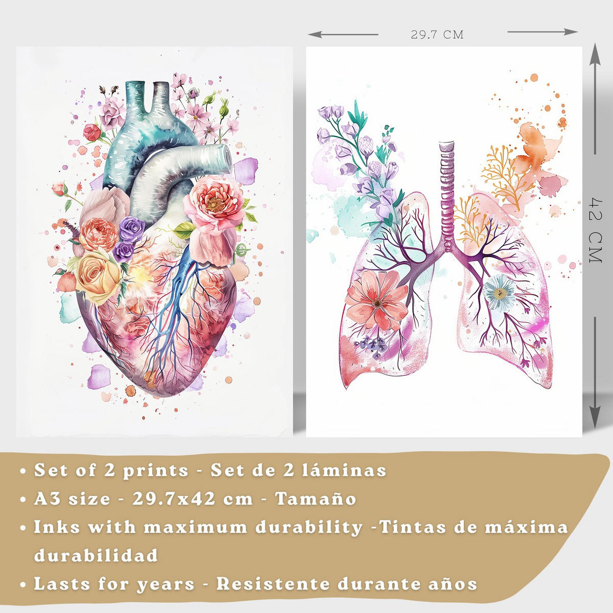 POSTER Set aus 2 Anatomie Mensch Drucke und Wandbilder mit Herz und Atmungssystem Floraler Stil Wanddekoration Größe Leichter Holzrahmen A3 - Beige, Papier (29.7/42/3cm) - Nacnic