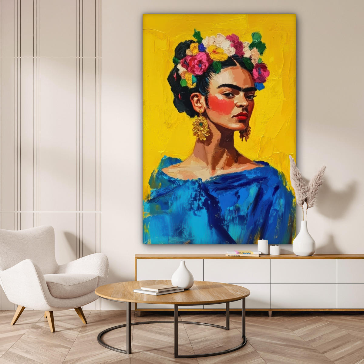 LEINWANDBILD Frida Kahlo - Frau - Gelb - Blau - Blumen Deko Groß 90x140 cm - Gelb, Textil (90/140cm) - MuchoWow