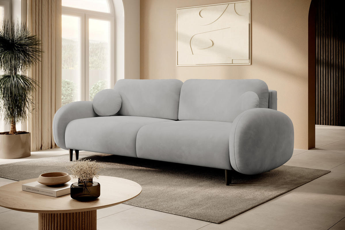 SOFA SOFT RunAgin Mit Schlaffunktion Und Bettkasten, PUR-Schaum, Schwarze Kunststofffüße, lose Rückenkissen, freistehend, 232x109x95 cm Light Grey - Hellgrau, Holz/Textil (232/95/109cm) - DomoHome