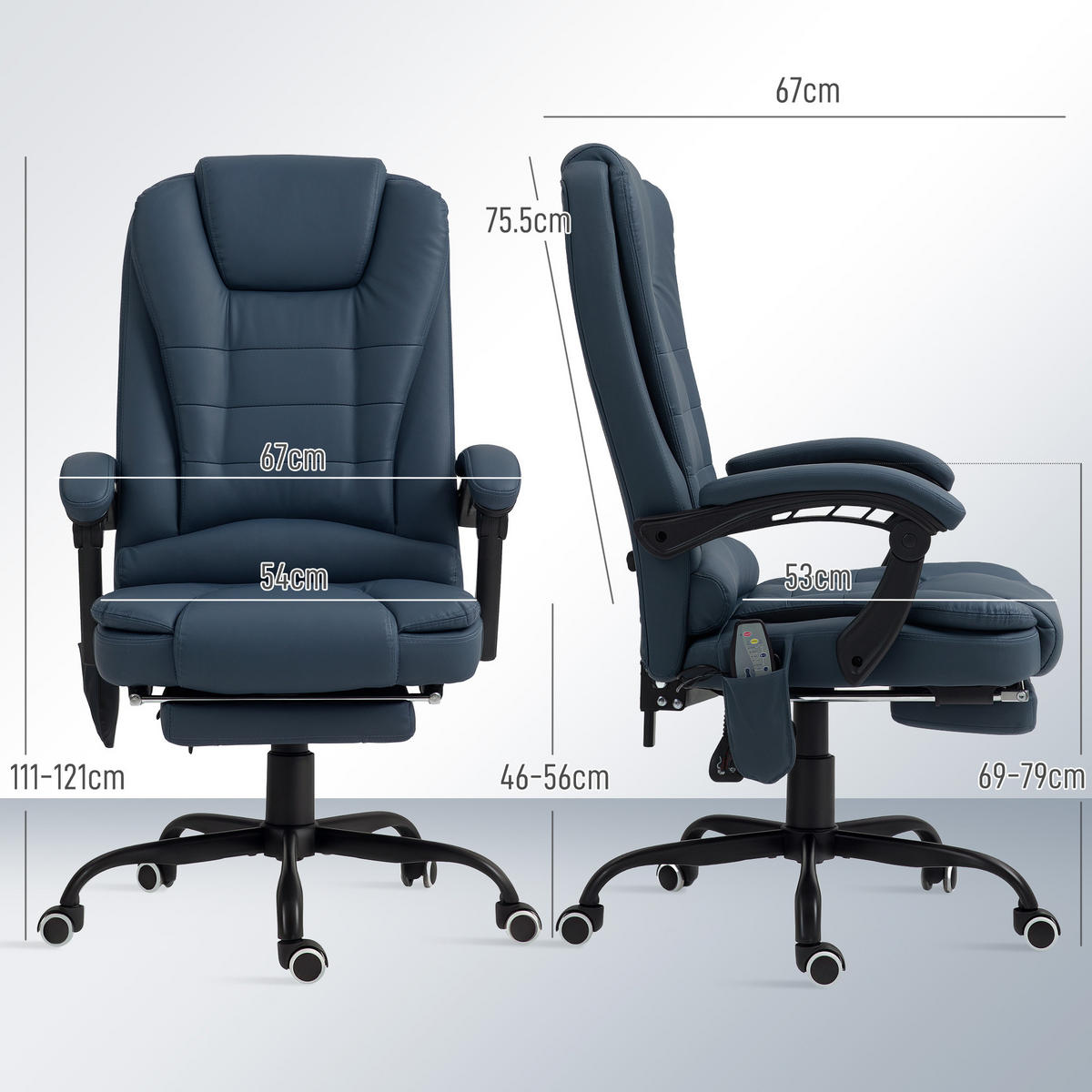 BÜROSTUHL mit 7 Punkt Massage, ergonomischer Chefsessel mit Liegefunktion - Blau/Schwarz, Kunststoff/Metall (67/121/67cm) - Vinsetto