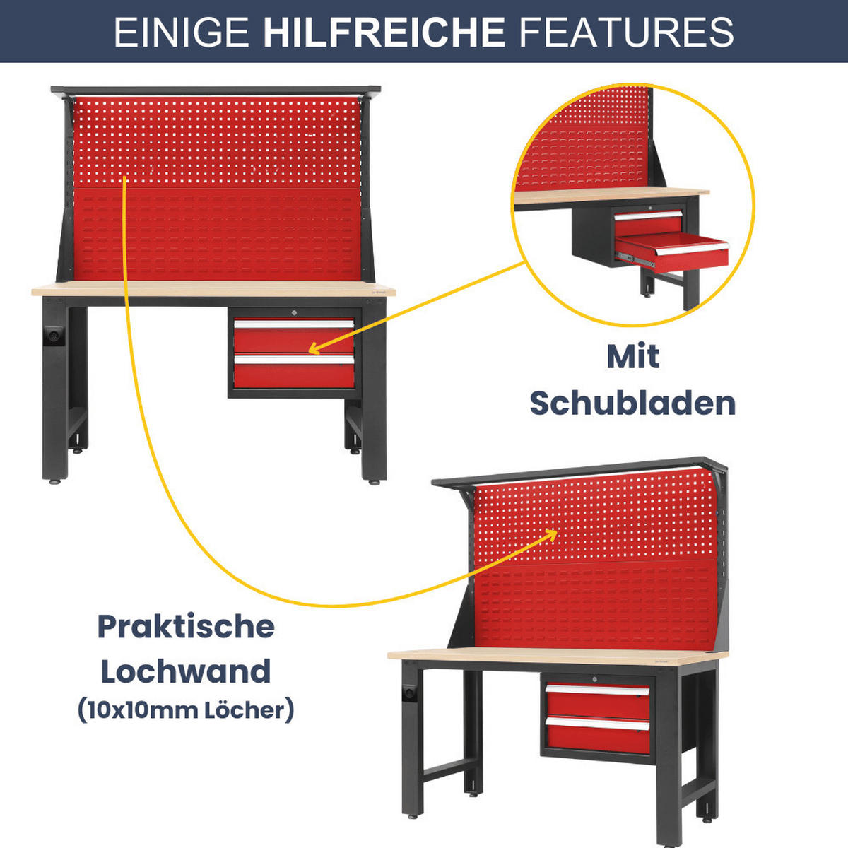 WERKBANK Werkstatt LOGAN 170x150x75cm Anthrazit-Rot Platte Braun - Anthrazit, Metall (150/170/75cm) - Jan Nowak