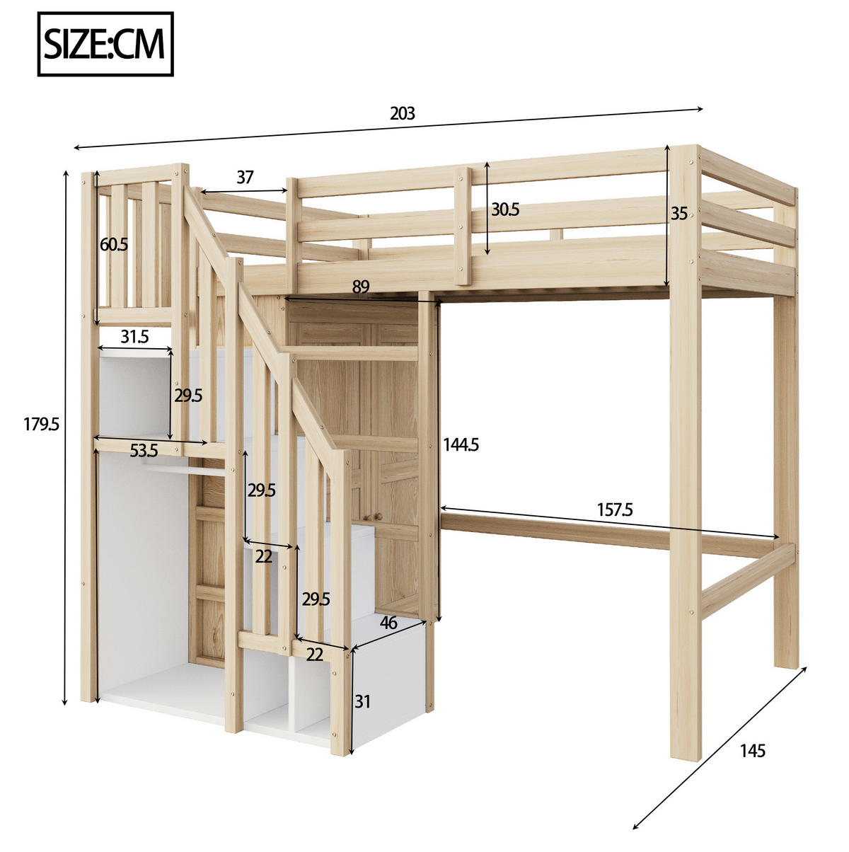 HOCHBETT 90/200 cm in Naturfarbe mit Kleiderschrank und Stauraumtreppe - Naturfarben, Holzwerkstoff (90/200cm) - Flora Grace