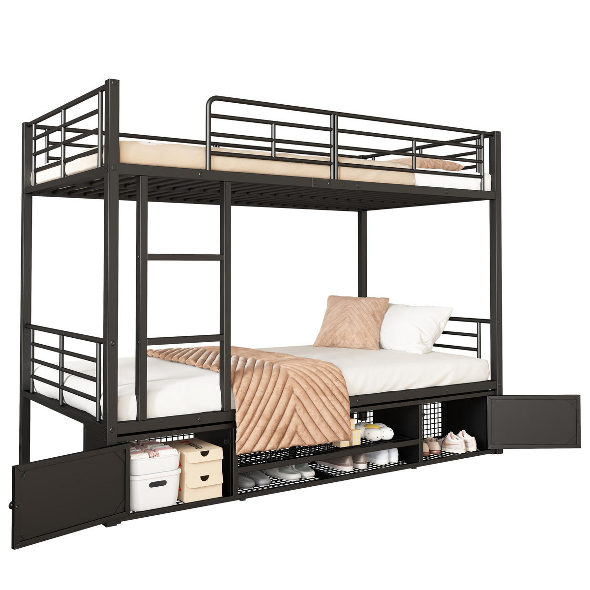 ETAGENBETT 90/200 cm Schwarz aus Eisen mit Schuhablage und Sicherheitsgitter - Schwarz, Metall (90/200cm) - OKWISH