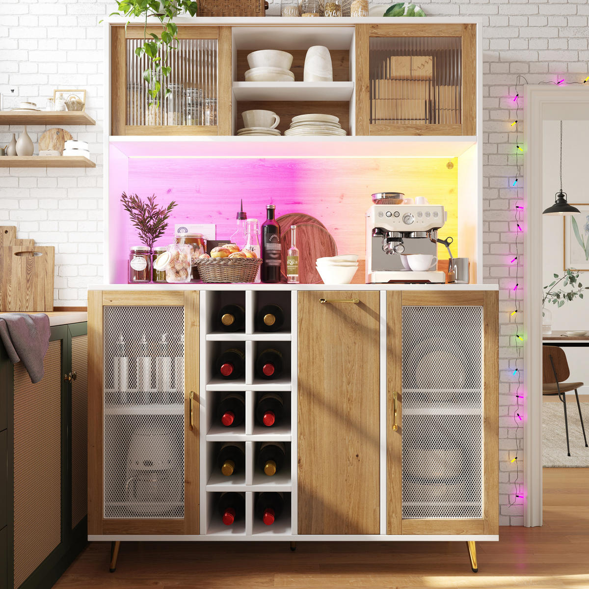 BUFFET 120/40/170 cm in Weiß-Holzoptik mit LED-Beleuchtung und Steckdose - Weiß, Holzwerkstoff (120/170/40cm) - Flora Grace