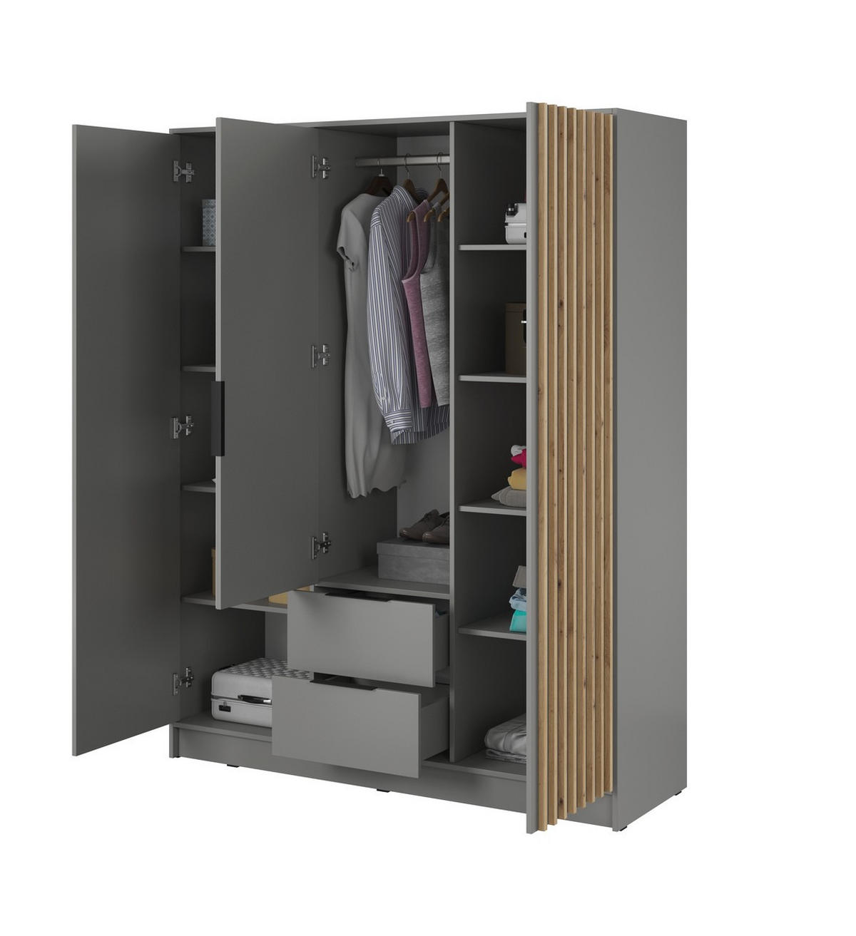 KLEIDERSCHRANK Nelly Grau, Schrank Dreitürige, Garderobe mit Spiegel und Schubladen - Grau, Holzwerkstoff (155/200/51cm) - Bettso