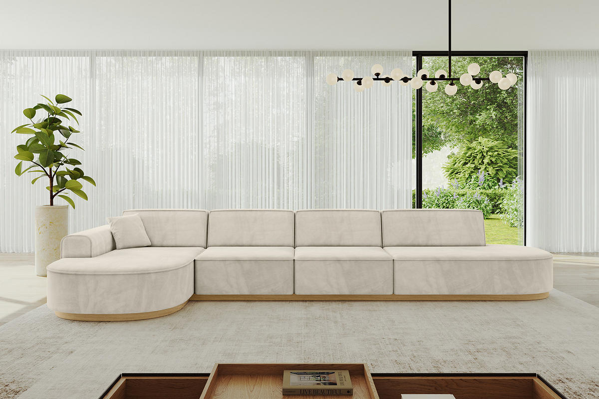 ECKSOFA Ottomane Links MARI-L3-v2 - 413x171x83 cm Ecru Velours - Ecru, Holzwerkstoff/Textil (413/171cm) - ALTDECOR
