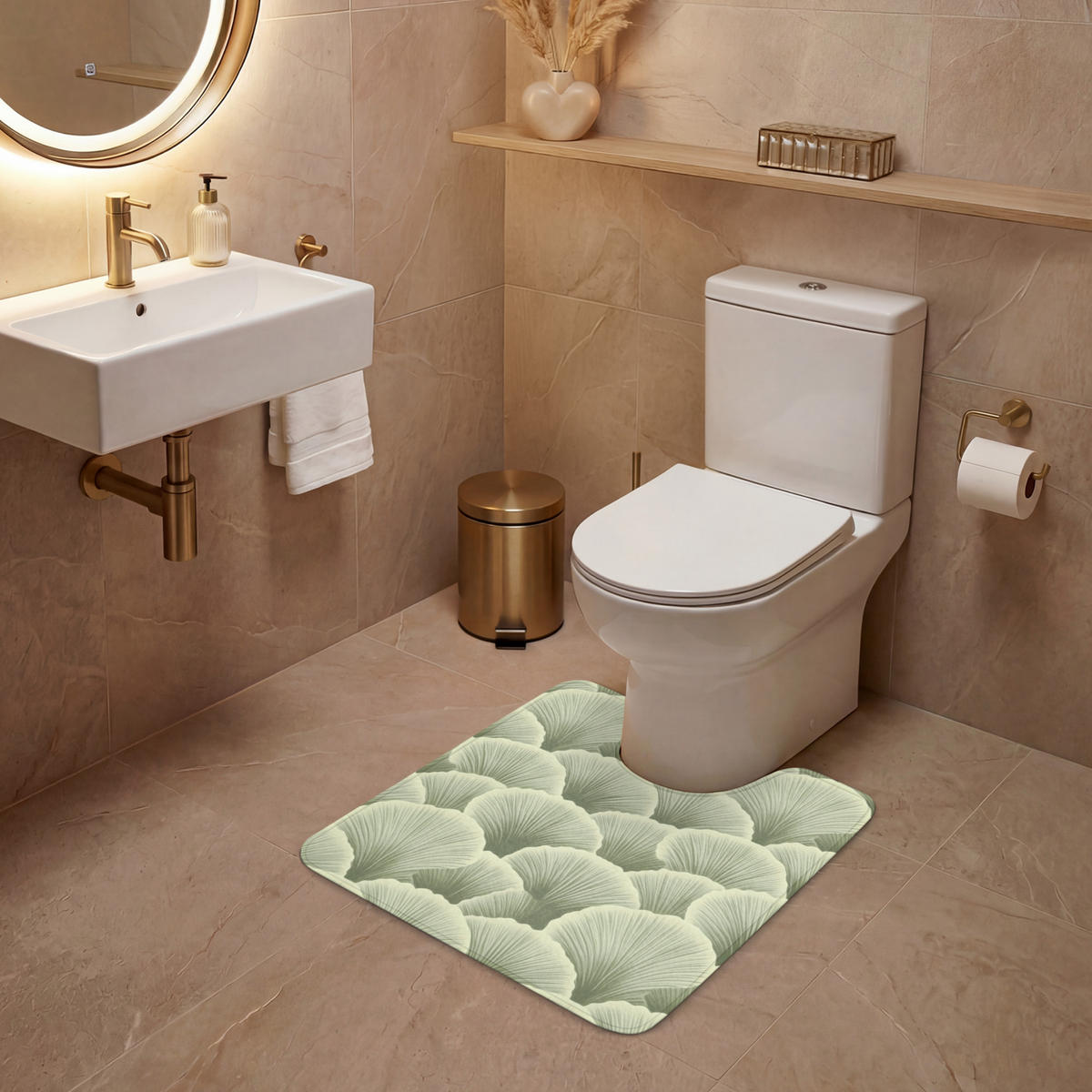 WC PŘEDLOŽKA Vějíř - list - zelený 55x60 cm - pastelově zelená, textil/plast (55/1cm) - OnlyWow
