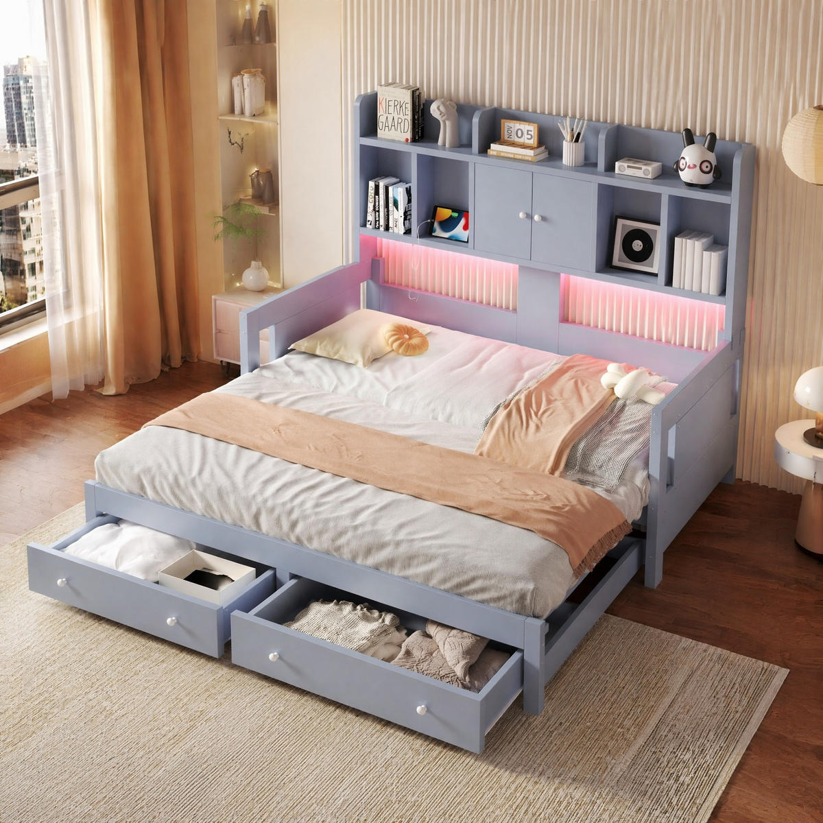 SCHLAFSOFA aus Sperrholz und MDF 90x190 cm Grau ausziehbar mit Schubladen, LED und Steckdose - Grau, Holz (90/190cm) - IVMEU