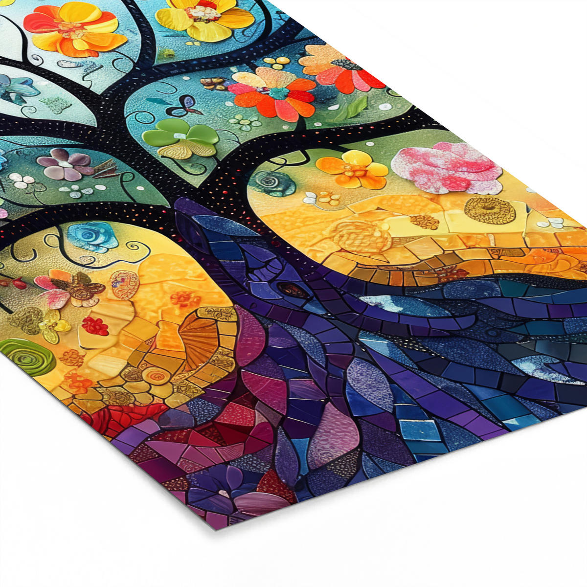 GERAHMTES BILD Kunst - Baum des Lebens - Blumen - Hippie 40x60 cm - Dunkelblau, Papier (40/60cm) - MuchoWow