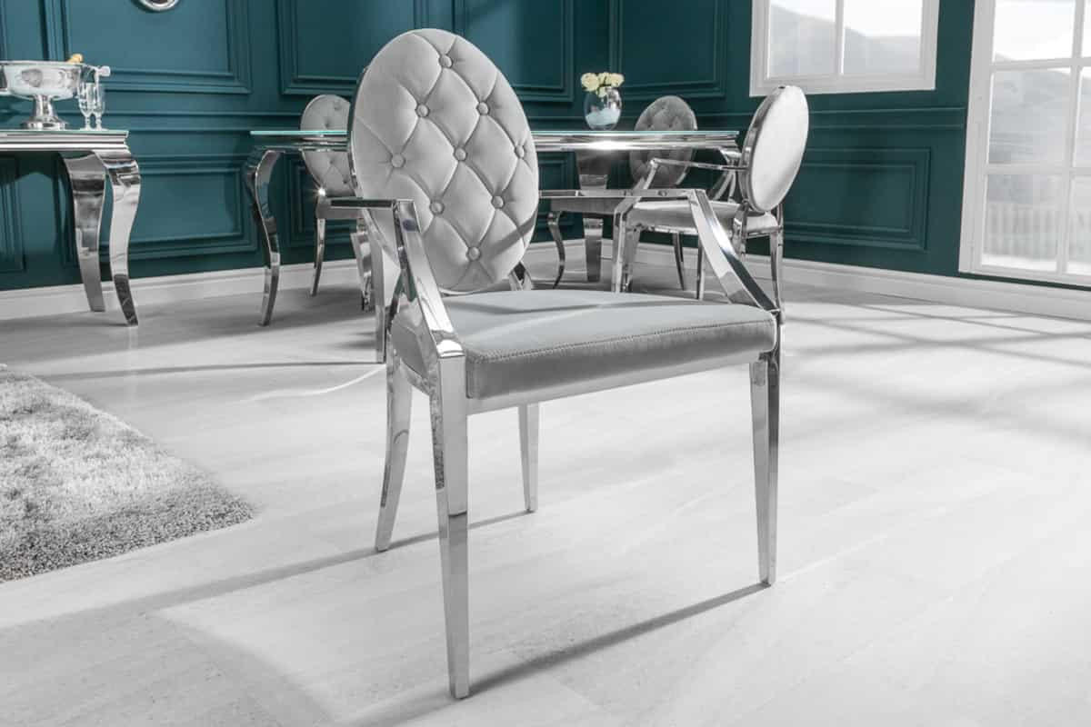 STUHL MODERN BAROCK Samt Edel-Grau 90 cm - Silberfarben/Grau, Textil/Metall (62/92/60cm) - riess-ambiente