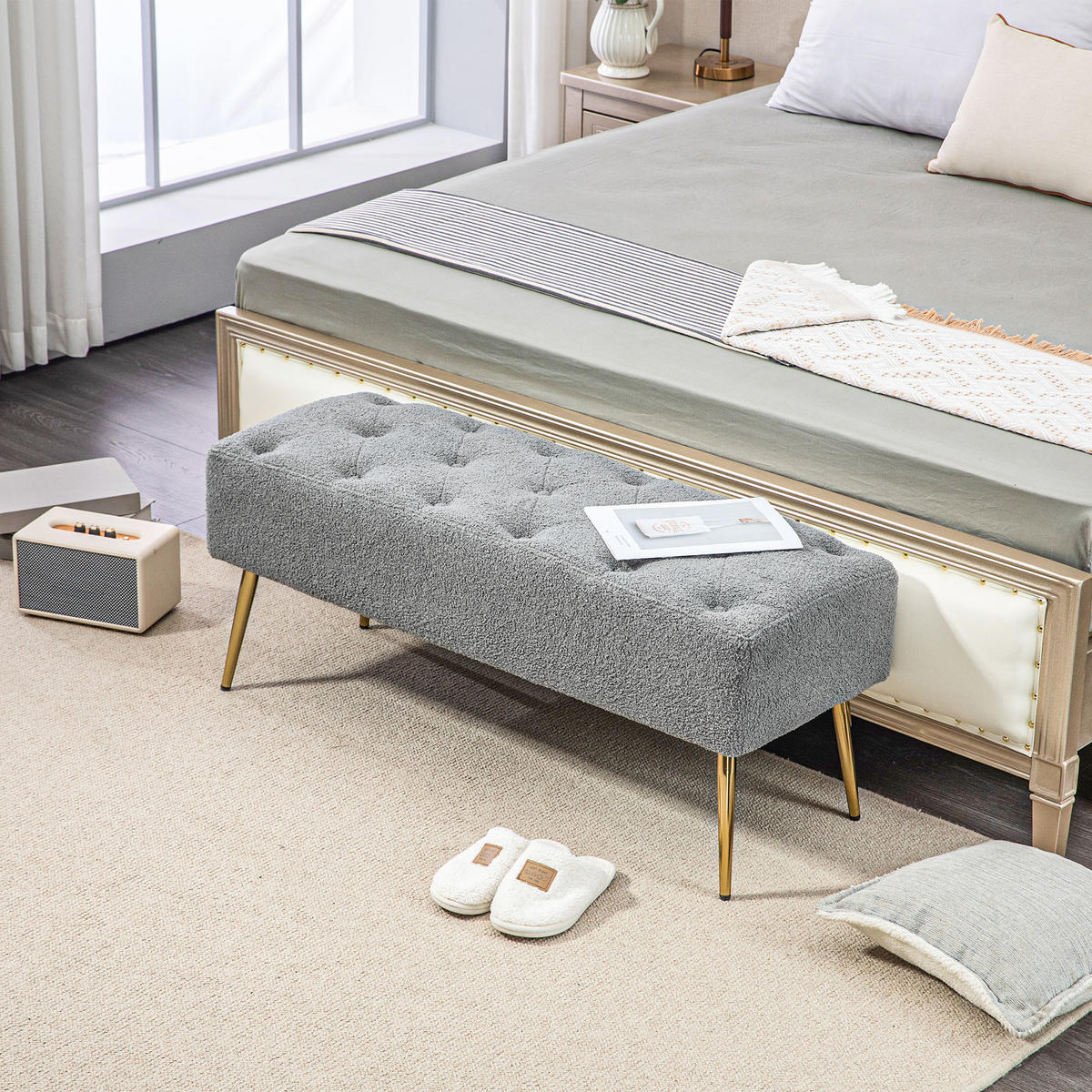 SITZBANK Polsterbank mit Lammwolle-Optik, Knopfheftung für Schlafzimmer, Grau - Grau, Kunststoff (41/46/112cm) - HOMCOM