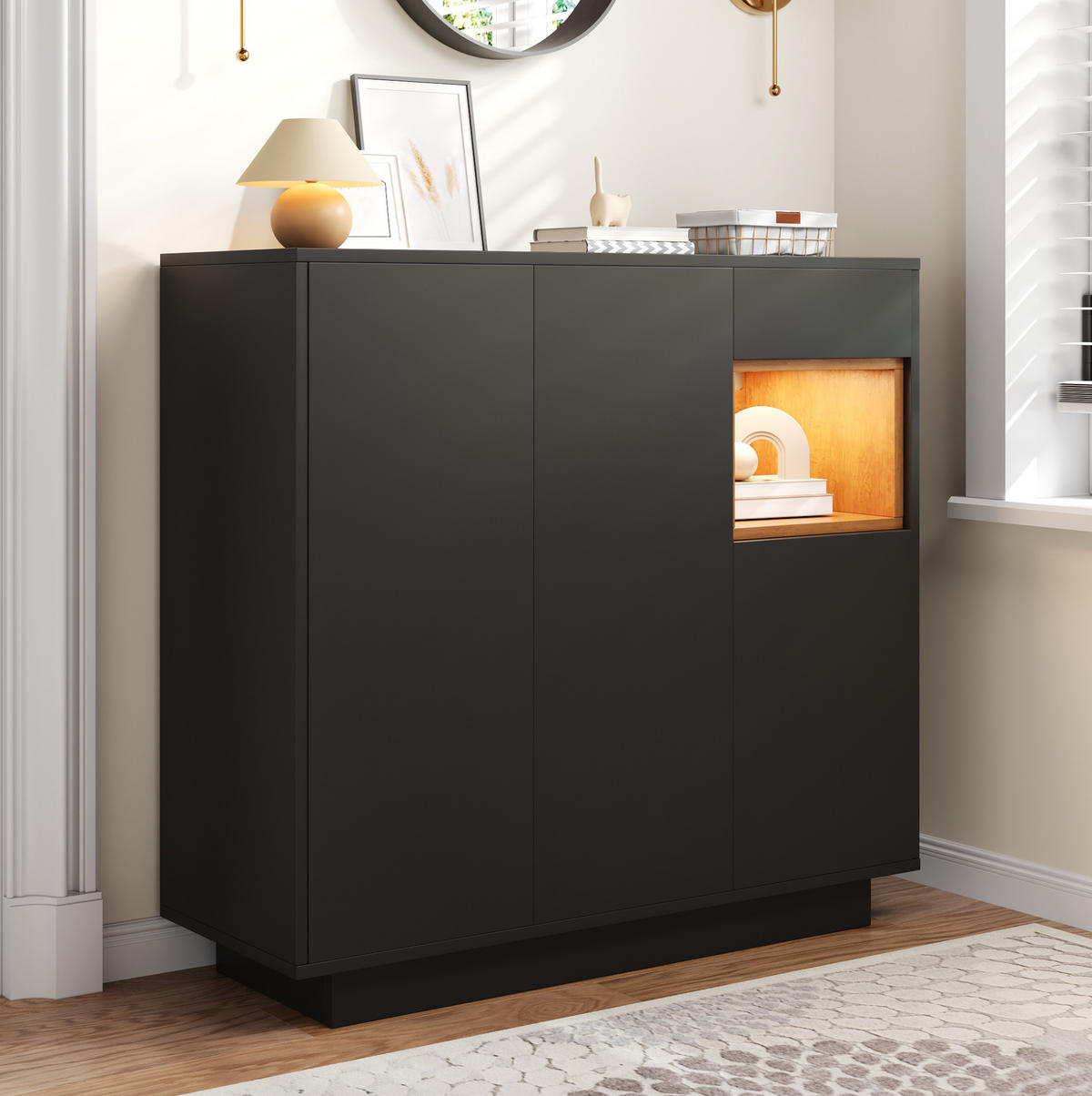 SCHUHSCHRANK 105/100,5/39,5 cm Schwarz und Natur aus Spanplatte mit LED-Beleuchtung - Schwarz, Holzwerkstoff (105/100/39cm) - OKMYHOME