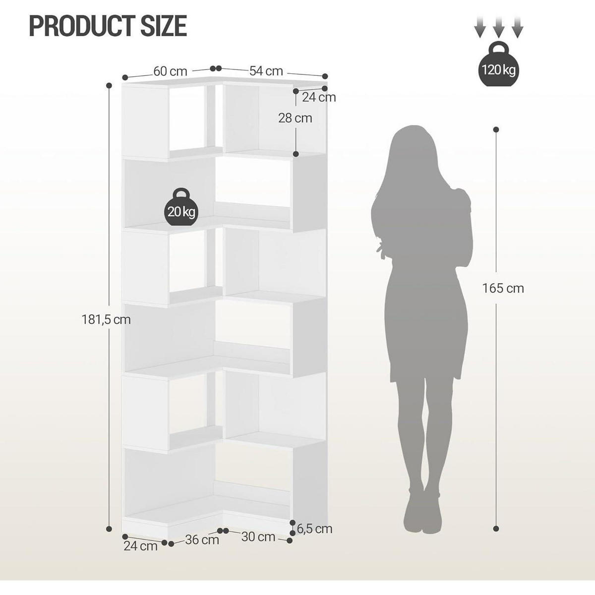 BÜCHERREGAL L-förmig 7-stöckig Weiß 60 x 54 x 181,5 cm - Weiß, Holzwerkstoff (60/181.5/54cm)
