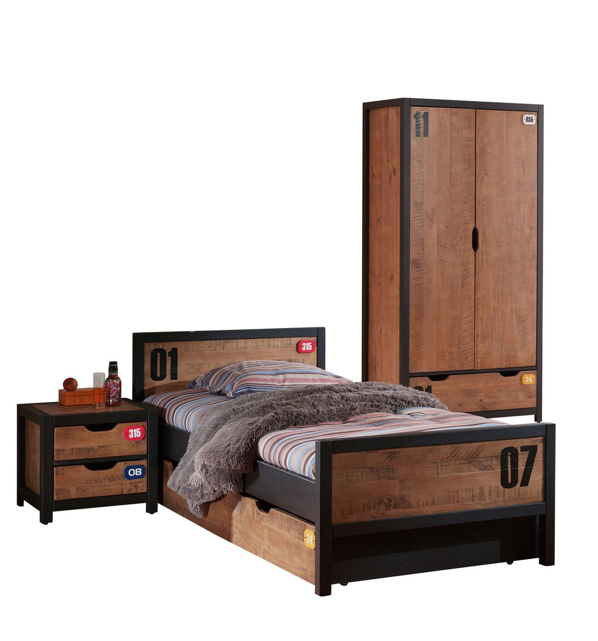 KINDERZIMMER Set komplett Kameko 4 Massivholz+MDF Schwarz/Cognac - Cognac/Schwarz, Holz (240/75/140cm) - 58aufmkessel