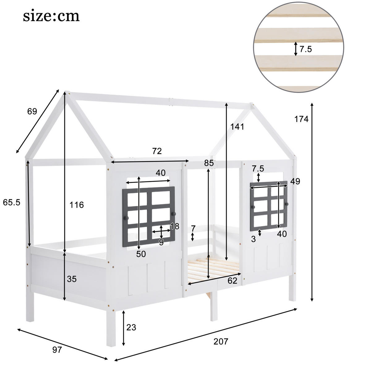 DOMČEKOVÁ posteľ v tvare domčeka, 200/90 cm biela, masívne drevo, s 2 zásuvkami - biela, drevo (90/200cm) - BEAOK