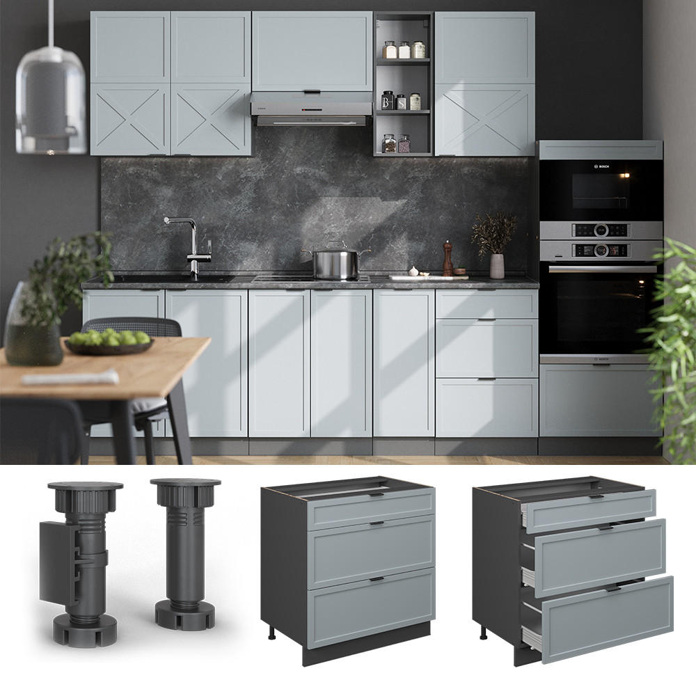 KÜCHENUNTERSCHRANK Fame-Line Hellblau-grau 80 cm mit 3 Schubladen AP Marmor - Anthrazit/Blaugrau, Holzwerkstoff (80/82/60cm) - Vicco