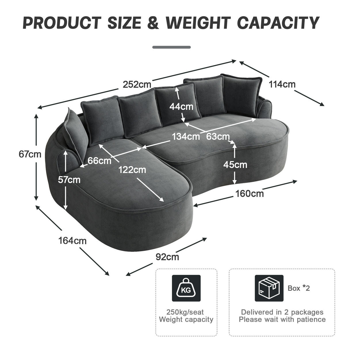MODULSOFA rahmenlos Chenille Grey - Grau, Textil (164/252cm) - Meubliv