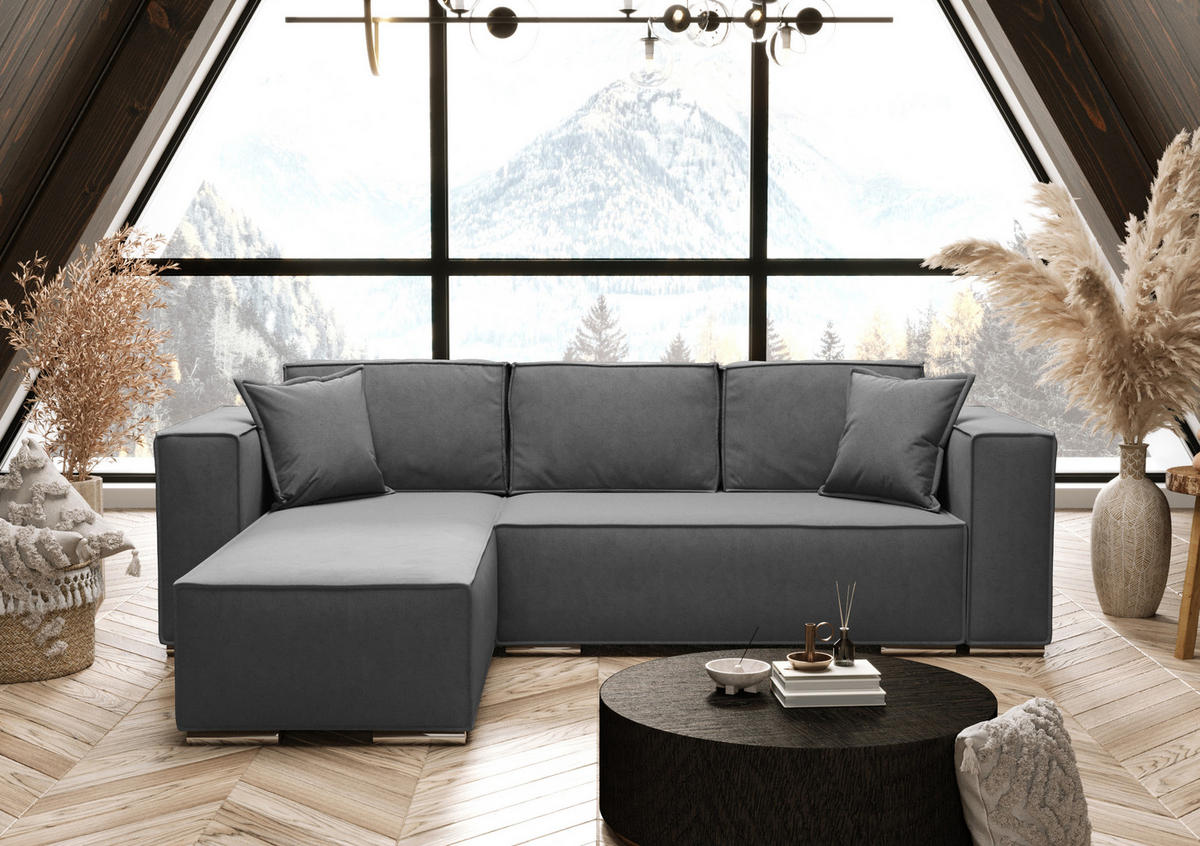 ECKSOFA L Form Vinoria Grau 255/180/82 cm Links mit Schlaffunktion - Chromfarben/Dunkelgrau, Textil/Metall (180/255cm) - AX Living