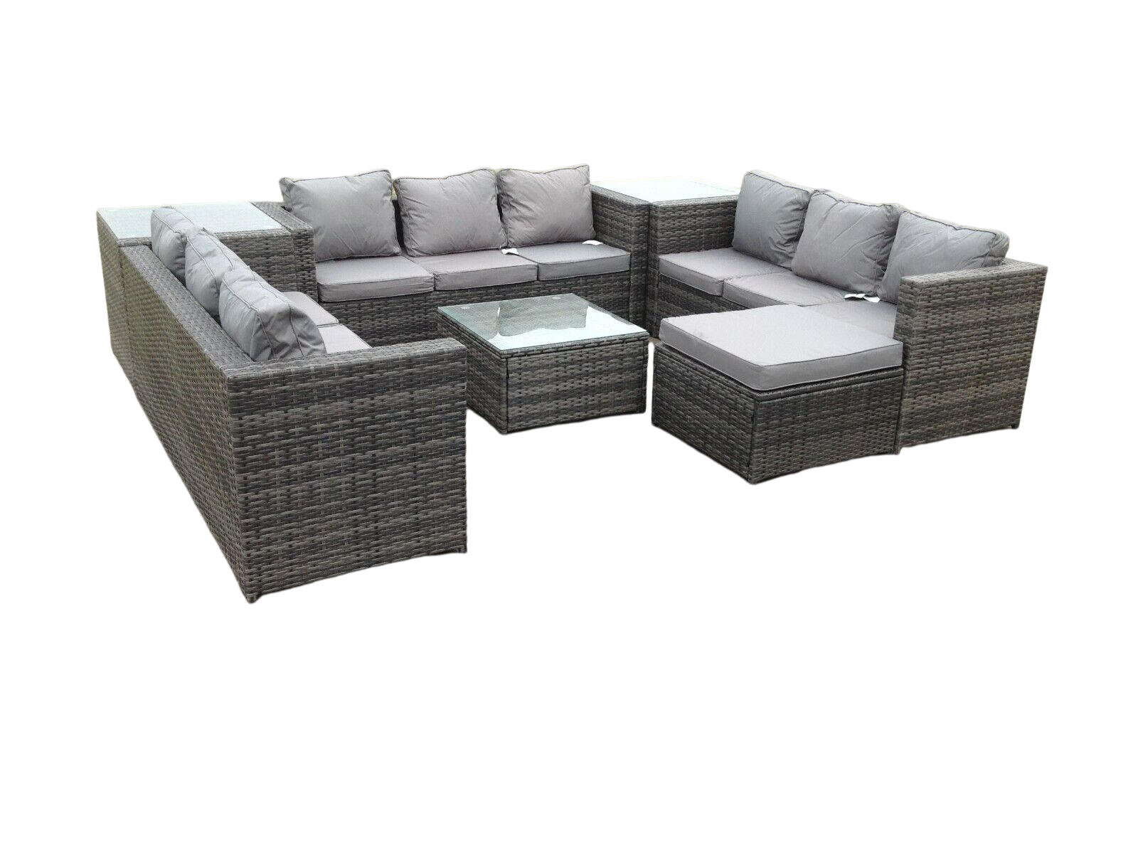 GARTENMÖBELSET mit Couchtisch Polyrattan 10-Sitzer - Dunkelgrau/Grau, Glas/Kunststoff - Fimous
