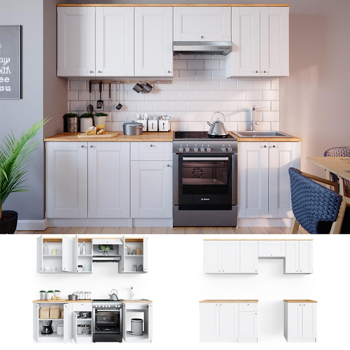 KÜCHENZEILE Bergamo Weiß 240 cm, AP Goldkraft - Honigeiche/Weiß, Holzwerkstoff (240/81.6/60cm) - Vicco